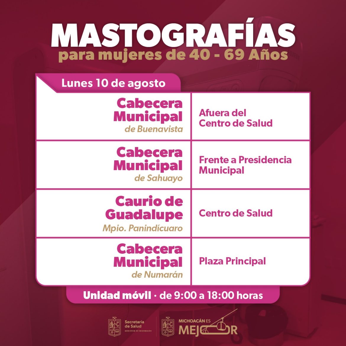 SSM llevará mastografías gratuitas a 9 municipios de Michoacán